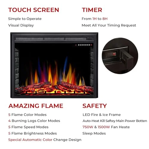 R.W.FLAME Classic Electric Fireplace Insert — Black · Classic insert configuration detail 2