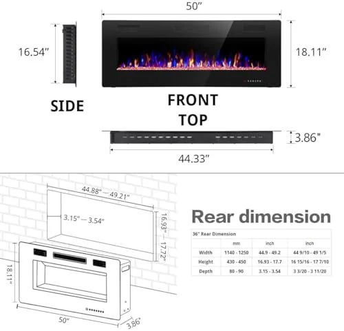 R.W.FLAME Ultra-Thin Recessed Electric Fireplace — 50" · Black detail 3