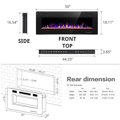 R.W.FLAME Ultra-Thin Recessed Electric Fireplace — 50' · Black detail 2