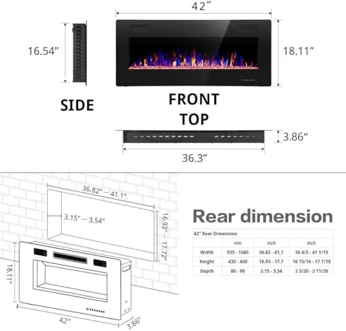 R.W.FLAME Ultra-Thin Recessed Electric Fireplace — 42" · Black detail 2