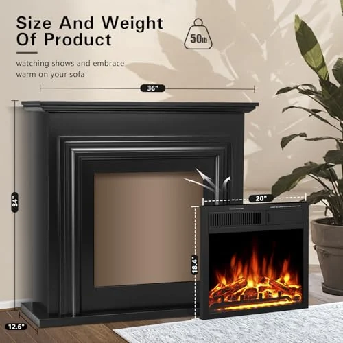 R.W.FLAME 36-inch Mantel Electric Fireplace — 36'' · Black detail 3