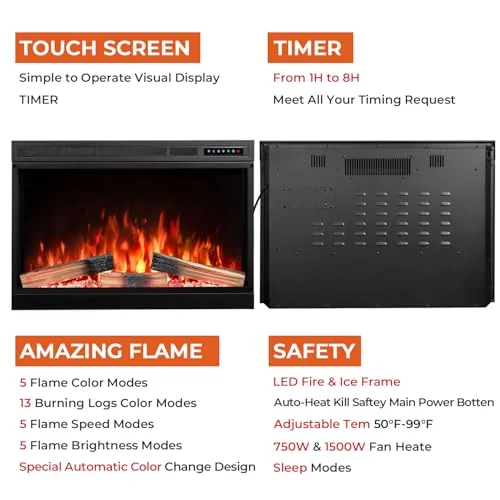 R.W.FLAME Adjustable Flame Electric Fireplace Insert — 39-inch · Black detail 2
