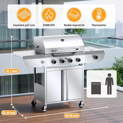 R.W.FLAME 4-Burner Gas Grill with Side Burner JD-4B — Silver detail 2