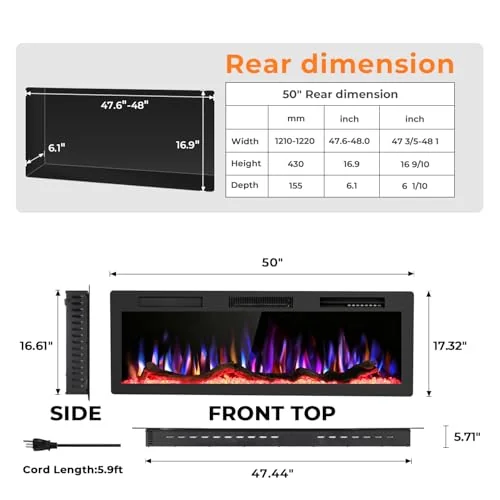 R.W.FLAME C6 Smart Electric Fireplace — 50" C6 · Black detail 2