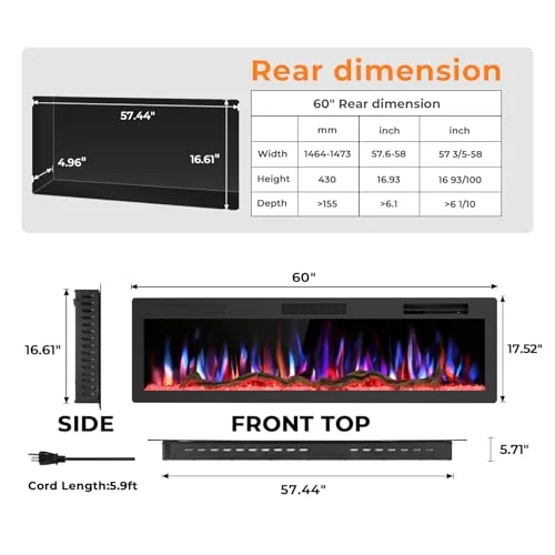 R.W.FLAME C6 Smart Electric Fireplace — 60" C6 · Black detail 2
