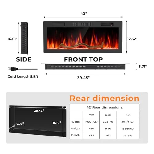 R.W.FLAME C6 Smart Electric Fireplace — 42" C6 · Matte Black detail 2