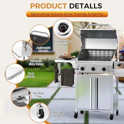 R.W.FLAME 3-Burner Gas Grill — 24,000 BTU — Silver detail 2