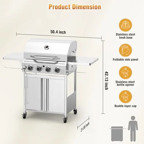 R.W.FLAME 4-Burner Gas Grill — 32,000 BTU — Stainless Steel detail 3