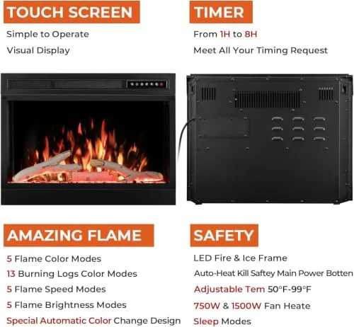 R.W.FLAME Adjustable Flame Electric Fireplace Insert — 28" · Black detail 2