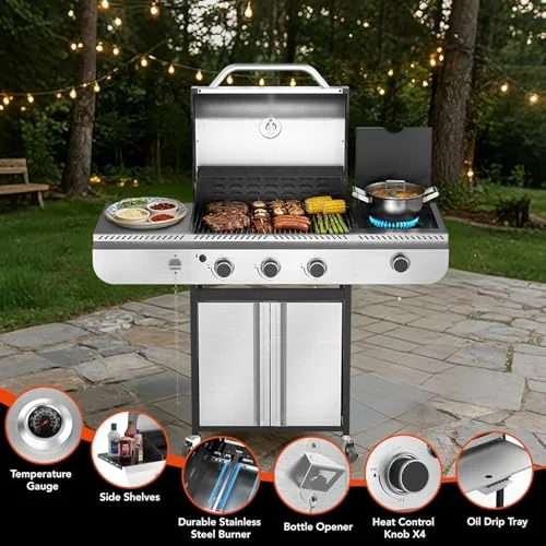 R.W.FLAME 3-Burner Gas Grill with Side Burner JD-3A — Silver detail 3