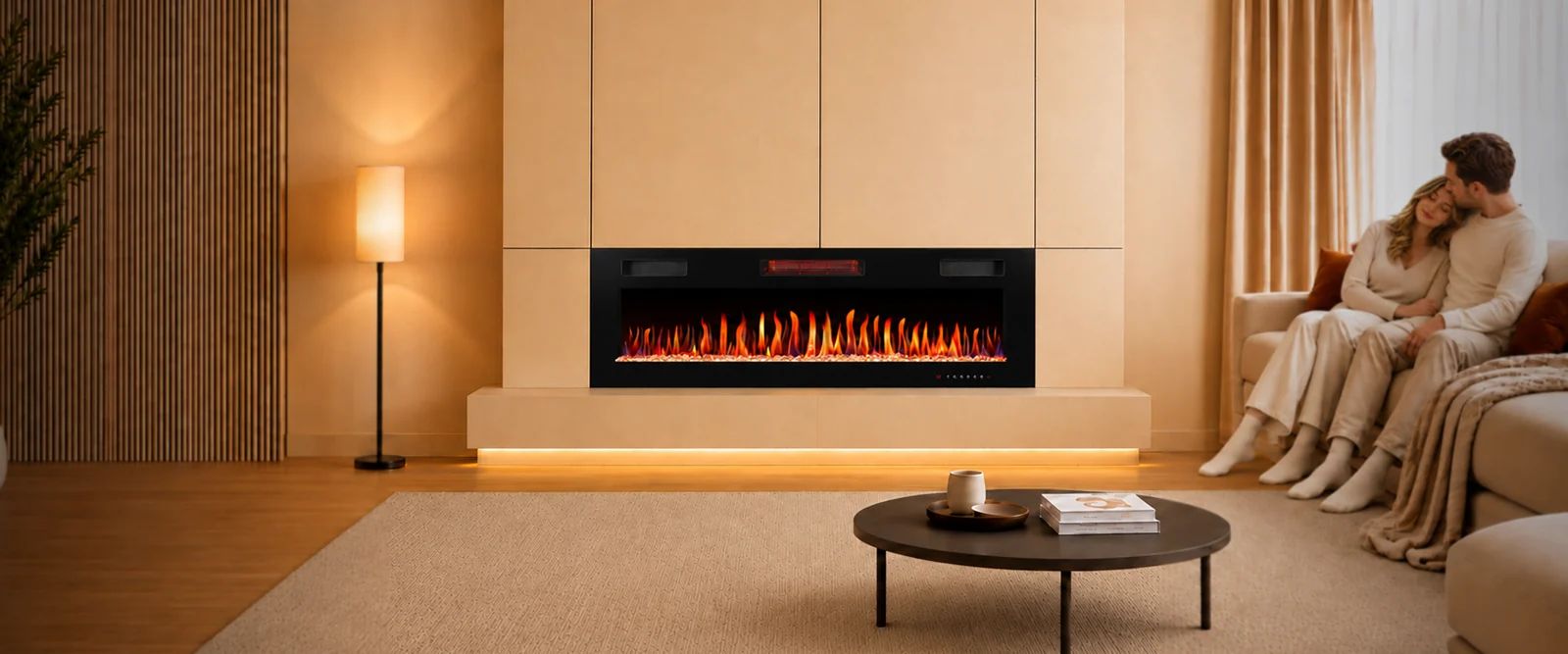 R.W.FLAME electric fireplace in a warm living room with a couple relaxing